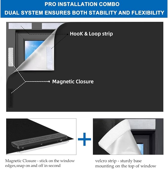 100% Blackout Curtain Window Cover for Bedroom 57x79Inch,No Drill Magnetic Blackout Blinds,DIY Cut Black Out Curtains for Nursery Bedroom,Media Room RV with Hook Loop Tape+Magnet Closure