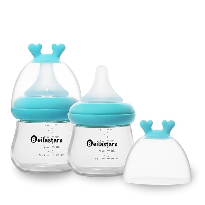 Beilastarx Glass Baby Bottles with Natural Response Nipple Size SS - Anti Colic Baby Bottles Wide Neck Slow Flow Baby Bottle (Blue, 4oz (Pack of 2))