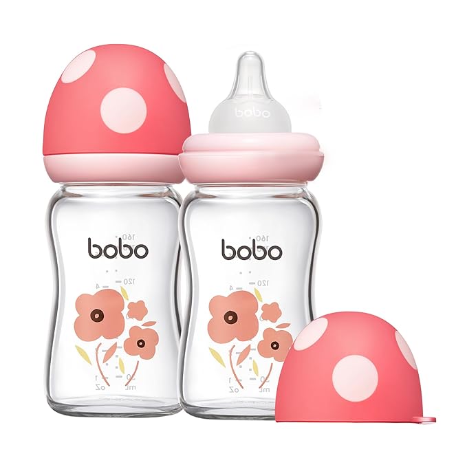 YOHKOH Natural Glass Baby Bottle with Level 1 Slow Flow Nipple, Newborn Anti-Colic Baby Bottles, Wide Neck Mushroom Baby Glass Bottle ((5.4oz (Pack of 2), Red-1)