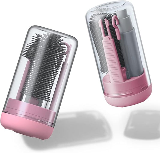 WHNL Travel Baby Bottle Brush Set with Extendable Silicone Bottle Brush，Nipple Brush,Staw Brush,Baby Bottle Soap Dispenser,Gift for Newborn Mothers, Suitable for Travel and Home(Peach Pink)