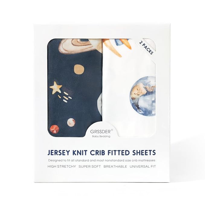 GRSSDER Stretch Ultra Soft Jersey Knit Fitted Crib Sheets Set 2 Pack, Universal Fit All Standard Crib Mattress Pads Safe and Snug, Crib Fitted Sheet with Deep Pocket, Original Design for Baby