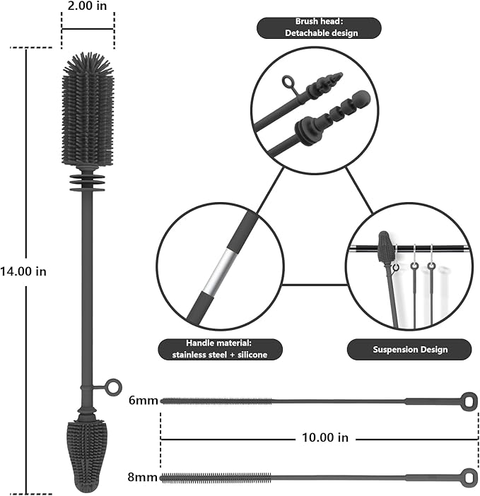 Silicone Bottle Brush and Straw Cleaner Set,Water Bottle Brush Double-Headed,Straw Brush Silicone,Bottle Cleaner Brush for Thermoses and Sports/Water Bottles/Dish/Cup (Black-Grey)