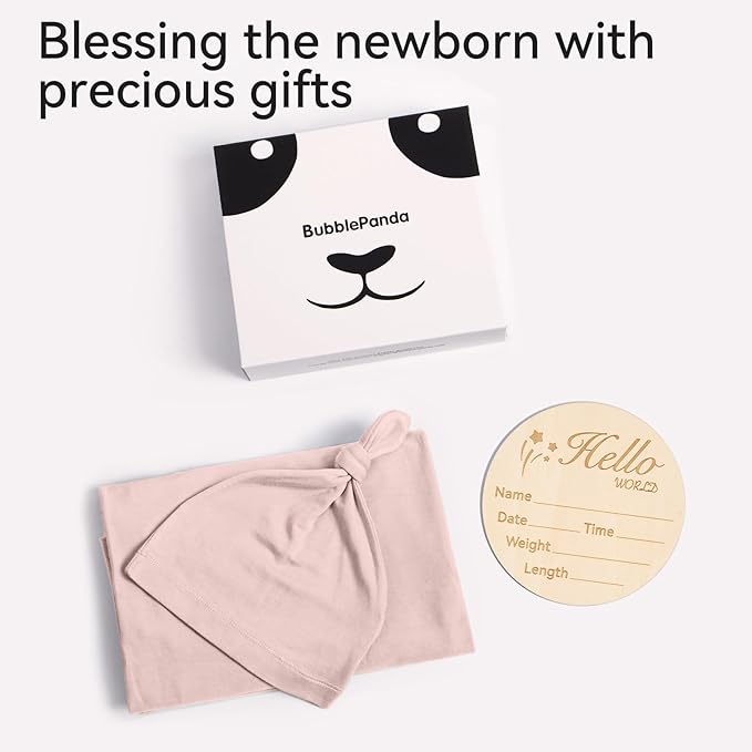 Rayon Made from Bamboo Newborn Swaddle Blanket Set with Matching Beanie, Super Soft Stretchy Baby Clothes Outfit for Girl Boy, Receiving Blankets Newborn Essentials, 35 x 35 Inch