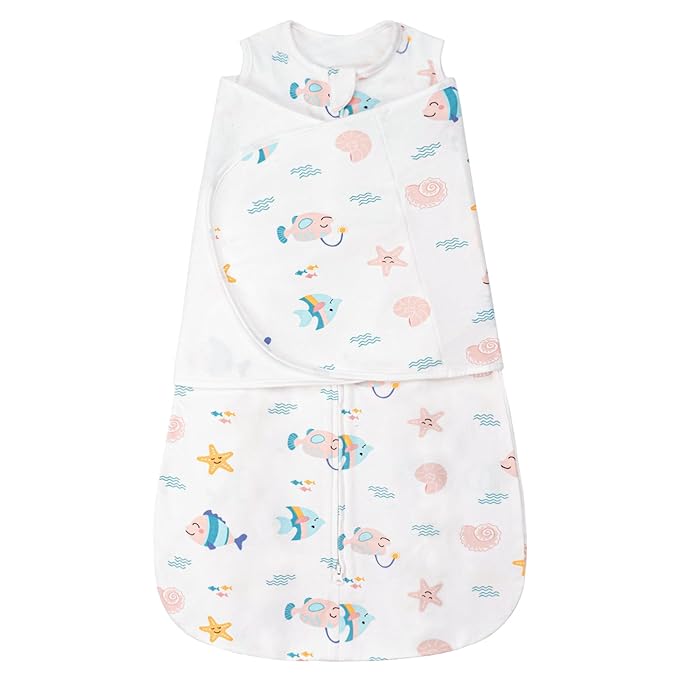 ZIGJOY Sleep Sack Swaddle 1.0 Tog Baby Wearable Blanket 100% Cotton Adjustable Silent Transition Swaddle Blanket, 6-12 Months, Ocean