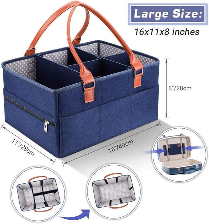 Marhynchus Large Portable Nappy Storage Basket with Detachable Divider, Felt Fabric Baby Diaper Caddy, Navy, for Nursery and Travel