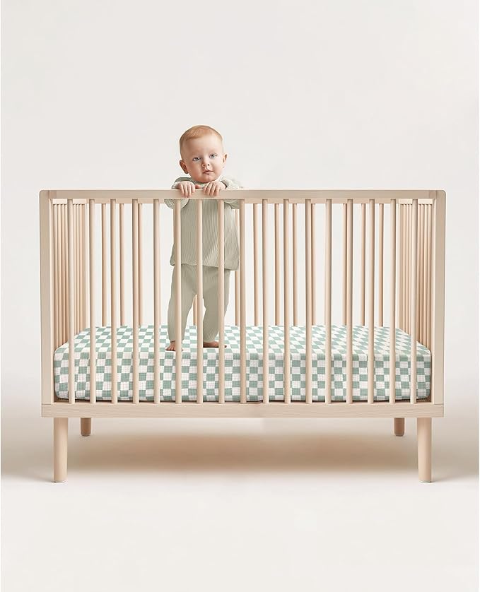 lulumoon Baby Muslin Crib Sheets: Soft & Breathable Fitted Crib Sheets for Boys - Green Square Sheets for Standard Crib 2Pack