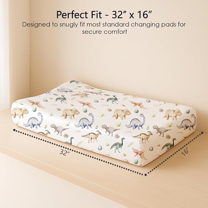 Changing Pad Cover for Baby Boys Girls 2 Pack, Fits Standard 32”×16” Changing Table Pads, Silky Breathable Stretch Knit, Machine Washable (Dino Pals)