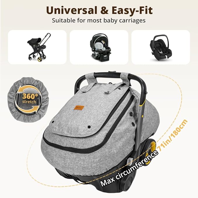 Bioby Waterproof Baby Car Seat Cover, Infant Car Seat Cover for Boy Girl, Roomy Cozy Windproof Sun Protection Baby Carseat Covers Canopy with Breathable Net and Holes, Universal Fitted Gray