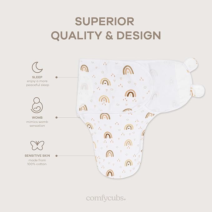 Comfy Cubs Easy Swaddle Blanket, 3 Pack - 100% Cotton Newborn Wrap, Small for 0-3 Months Infants, with Adjustable Velcro, Breathable and Durable Sleep Sack for Babies - Rainbow Bohemian
