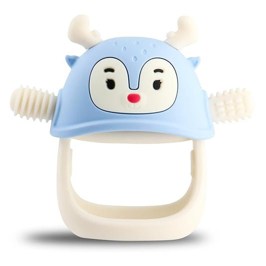 Smily Mia Reindeer Organic Baby Toys 0-6Months, Mitten for 3-6Months, Easy to Hold Stem with Chewing Nubs for Teething Pain Relief for 6-12Months Babies, Ocean Blue
