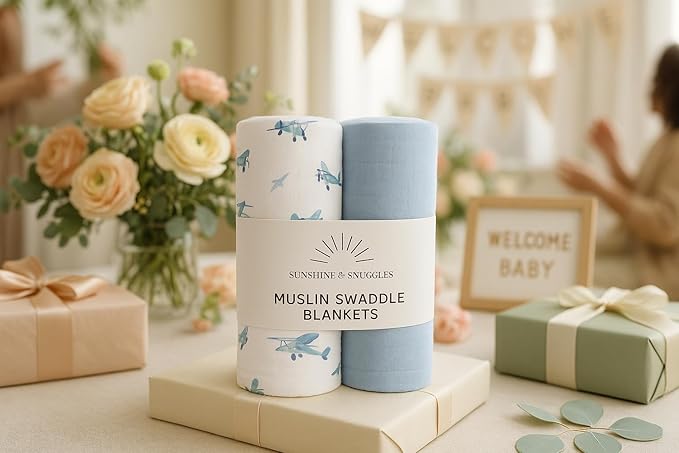 Soft 100% Cotton Swaddles for Newborns, 2- Pack - Large, Breathable Baby Blanket - Versatile, Durable Muslin Swaddle Blankets - Perfect Newborn Essentials (Airplane/Blue)