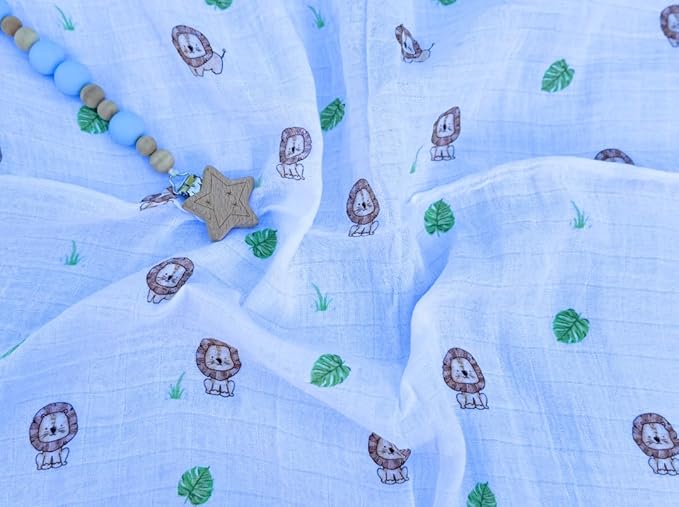 100% Muslin Cotton Swaddle Blankets, Pack of 4, 47 x 47 inches (120 cm x 120 cm), Ultra-Soft, Breathable, Hypoallergenic, Lion/Elephant/Giraffe/Zebra Designs