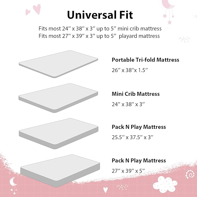 Baby Mini Crib Sheets Girl, Portable 38”x26” Pack and Play Sheets Fitted for Playard and Pack N Play Mattress, 3-Pack Soft Microfiber Pink Stars