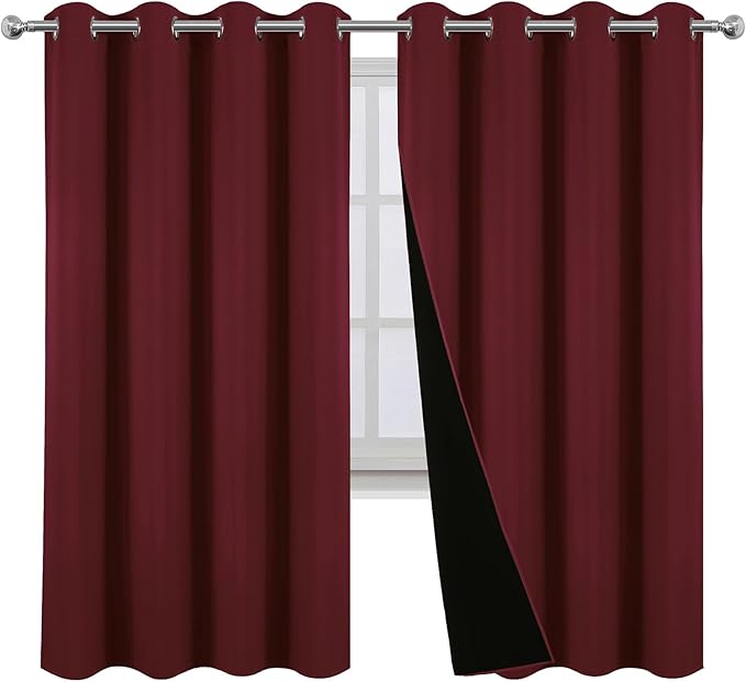 LEMOMO 100% Blackout Curtains 52 x 63 Inch Burgundy Red Curtains 2 Panels Darkening Thermal Insulated Bedroom Curtains