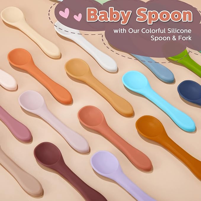 Nuenen 6 Pieces Silicone Baby Feeding Forks and Spoons Set Hot Safety First Stage Self Feeding Supplies Mini Kids Utensils for over 6 Months Babies Boy Girl Toddlers First Foods (Plain Color)
