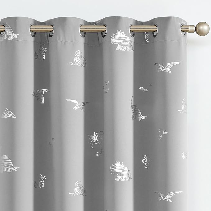 Vangao Grey Kids Curtains 84 Inches Length for Bedroom Blackout Dinosaur Curtains for Boys Kids Nursery Girls Room Silver Dino Foil Printed Thermal Insulated Drapes Grommet Top 2 Panels