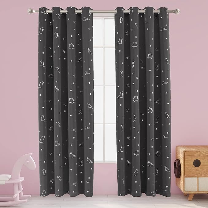 LORDTEX Dinosaur and Star Foil Print Blackout Curtains for Kids Room - Thermal Insulated Curtains Noise Reducing Window Drapes for Boys and Girls Bedroom, 52 x 95 Inch, Grey, Set of 2 Panels