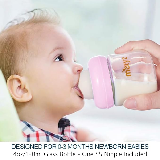 Matyz 2-Pack Glass Baby Breastfeeding Bottles with Caps (Pink, 4Oz) - Wide Neck New Born Bottles for Baby Breastfeeding - Breastfeeding Bottles for 0-3 Months Babies - Glass Baby Bottles with Nipples