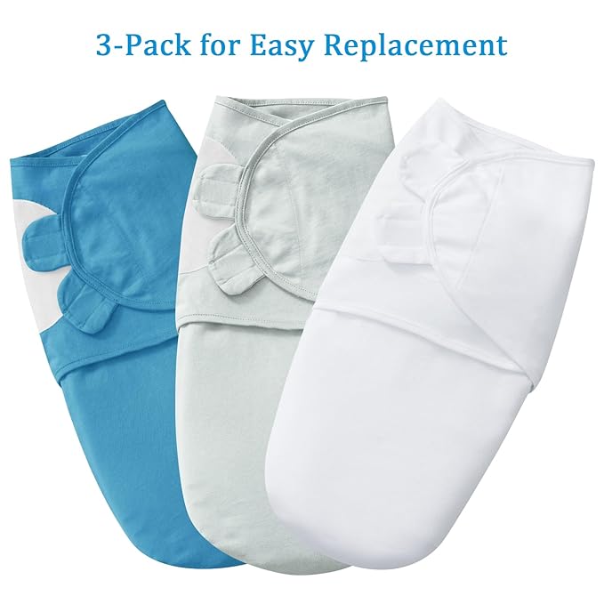 david's kids 100% Cotton 3 Pack Baby Swaddle Wrap for 0-3 Months, Soft Swaddle Blanket for Newborn Infant, Adjustable Baby Wrap Sleep Sacks for Boys Girls, Newborn Essentials, White & Grey & Blue