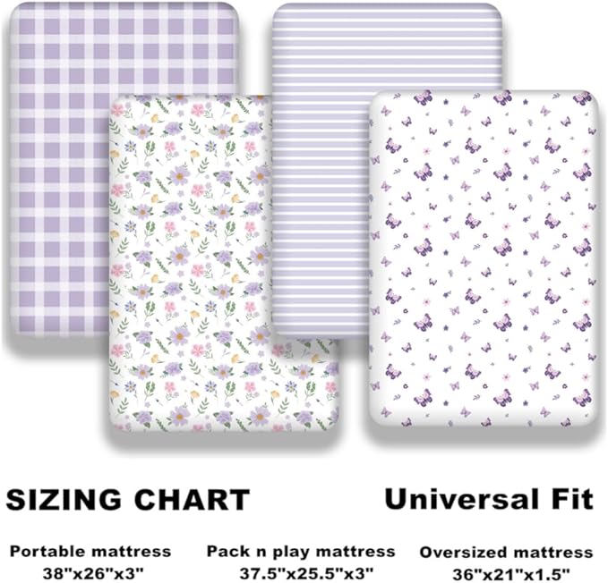 4 Pack Butterfly Baby Crib Sheets for Baby Girls Purple Crib Fitted Sheets for Standard Size Crib and Toddler Mattress Soft and Breathable (Pack N Play)