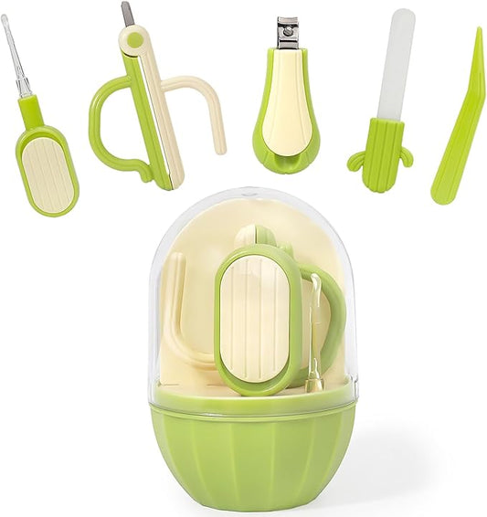 5-in-1 Baby Nail Kit with Storage Case, Cactus Theme Design Including Baby Nail Clippers, Nail Scissors, Nail File, Tweezers & Nose Picker, Newborn Essentials Must Haves for Baby Shower(Green)