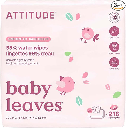 ATTITUDE Baby Water Wipes, EWG Verified, Safe for Newborns, Unscented & Fragrance-Free, 99% Water, Gentle, Vegan & Dermatologically Tested, Travel Pack with Hard Lid, 72 Count (Pack of 3)