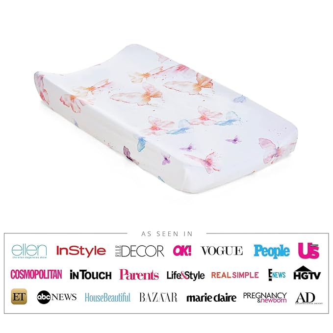 Oilo Changing Pad Cover, Breathable Turkish Cotton Fitted Jersey, 300 Thread Count, Machine Washable, Fits Standard Changing Pads (32" x 16"), Girl, Boy, & Neutral Nursery Design, Butterfly