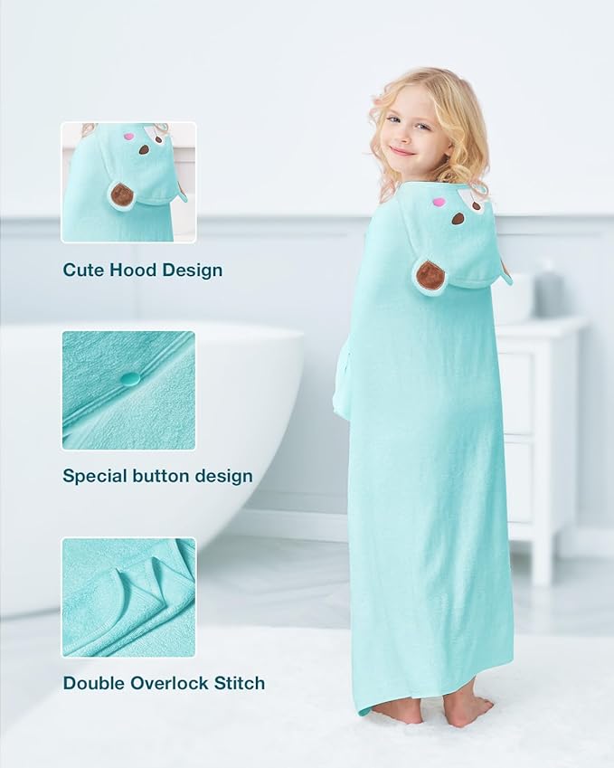 ZIONOR Hooded Bath Towel for Kids - 50''L x 35''W Extra-Large Hooded Towels for Big Kids 6-10, Kids Beach Towels Made from Bamboo Rayon, Suitable for Bath, Pool, Beach(Blue Bear)