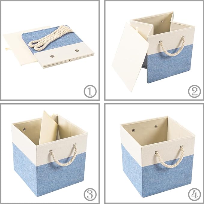 PRANDOM Large Foldable Cube Storage Bins 13x13 inch [4-Pack] Fabric Linen Storage Baskets Cubes Drawer with Cotton Handles Organizer for Shelves Nursery Closet Bedroom Beige/Blue