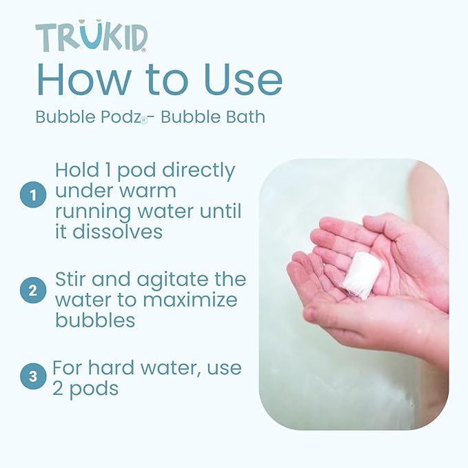 TruKid Bubble Podz Bubble Bath for Kids, Toddlers, & Babies, Tear Free Gentle & Refreshing Bath Bomb for Sensitive Skin with Natural Moisturizers, Non-Toxic, pH Balanced, Strawberry Scent (24 Podz)
