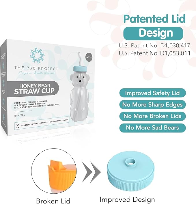 The 730 Project Honey Bear Straw Cup for Babies, 8-oz Honey Bear Cup with Lid, 3-Pack Therapy Learning Honeybear Straw, Baby Bottle Set, Blizzard AQUA