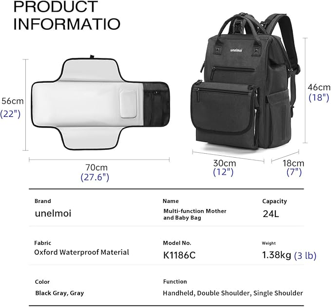 Diaper Bag Backpack for Extended Trips, Detachable Changing Pad, Large Opening Multifunctional (Gray)
