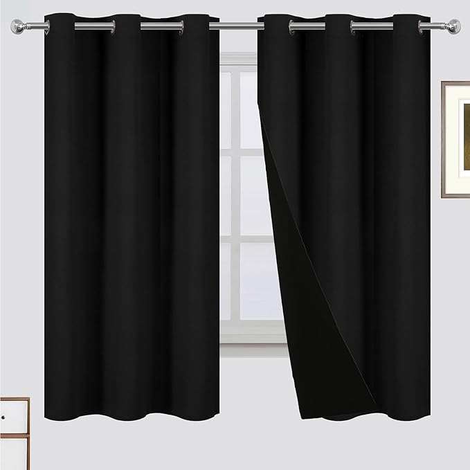 LEMOMO 100% Blackout Curtains 42 x 63 Inch Black Curtains 2 Panels Darkening Thermal Insulated Bedroom Curtains
