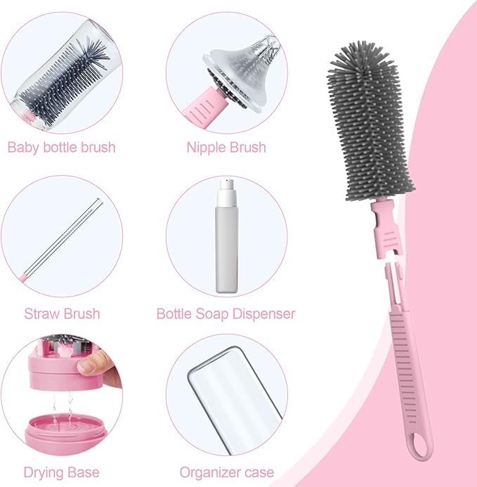 WHNL Travel Baby Bottle Brush Set with Extendable Silicone Bottle Brush，Nipple Brush,Staw Brush,Baby Bottle Soap Dispenser,Gift for Newborn Mothers, Suitable for Travel and Home(Peach Pink)