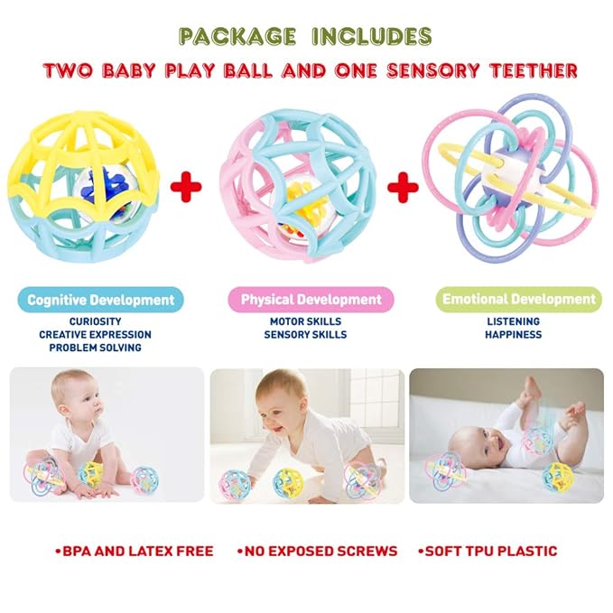 WEofferwhatYOUwant Baby Teether and Sensory Play Ball Set - 3 Piece Bundle with Rattle Teething Ring 2 BPA-Free Grasping Balls Safe Montessori Developmental Toys for Infants and Toddlers 0-6 Months