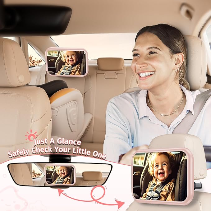 Baby Car Mirror for Baby Car Seat Safely Mirror Hook Clip Design for Rear Facing Infant Newborn 360° Rotation Baby Backseat Mirror Wide Clear View Shatterproof Easy Install Baby Essentials - Pink