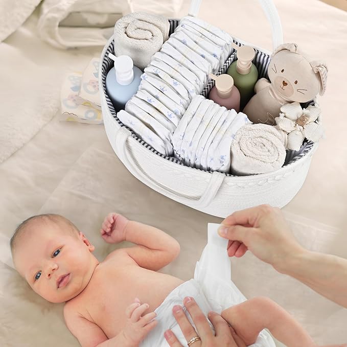 13.5L Baby Diaper Caddy Organizer, 15.3"x9.8"x7" Cotton Rope Diaper Basket, Changing Table Storage Caddy With Removable Divider, Baby Basket for Nursery, Car, Diapers, Baby Shower Gifts for Newborn