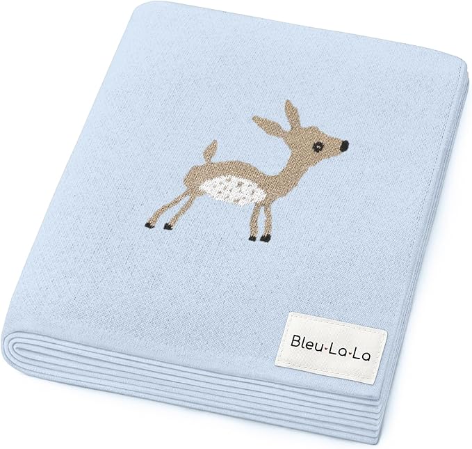 Knit Baby Swaddle Blanket - 100% Cotton Soft Cozy Receiving Swaddle Stroller Blanket for Shower Gift Registry for Newborns, Infants, Toddlers (Deer - Blue)