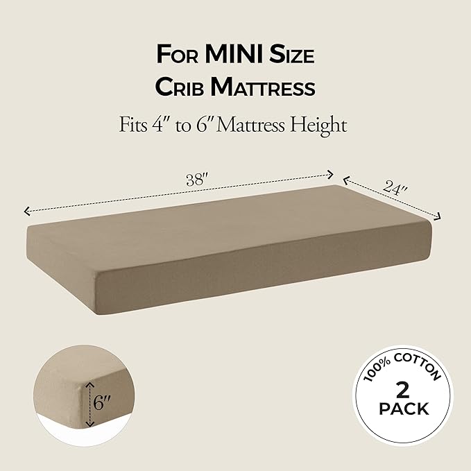 Dreamology Mini Crib Fitted Boys, Girls, 100% Cotton Crib Sheets, Mini Crib Mattress Sheet, Baby Crib Sheets, Pack and Play Sheets, 24x38 Mini Crib Sheet Fitted | Brown and Ecru