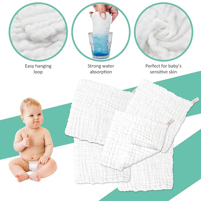 Baby Muslin Soft White Small Washcloths for Newborn Essentials Must Haves Muslin Wash Absorbent Burp Cloths Registry for Your Baby Boy Face Towel And Bath Washcloth Koo-dib 30 Pack Set + Wash Mesh Bag
