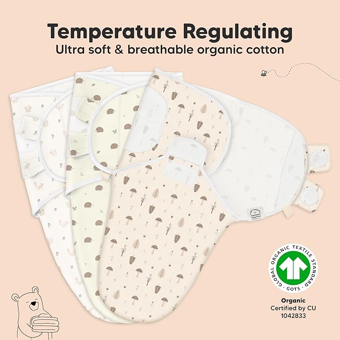 3-Pack Organic Baby Swaddle Sleep Sacks - Swaddles for Newborns, Infant 0-3 Months, Baby Girls, Boys, Soft & Snug Newborn Sleep Sack, Nursery Swaddling Blankets (Nibbles/Bruce)