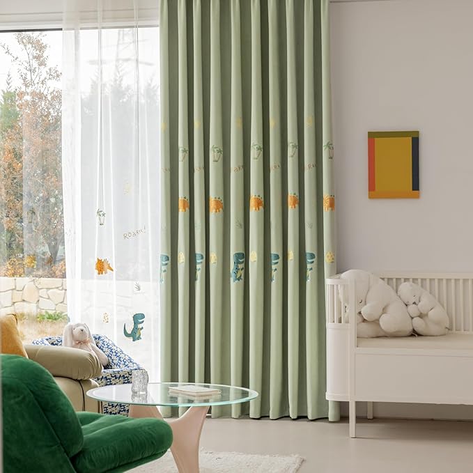 KMSG Cartoon Dinosaur Kids Curtains with Blackout Liner Embroidery Nursery Curtains for Children Boys Baby Bedroom Living Room Grommet Top Room Darkening Window Drapes 1 Panel (Green,W52 x L96 Inch)