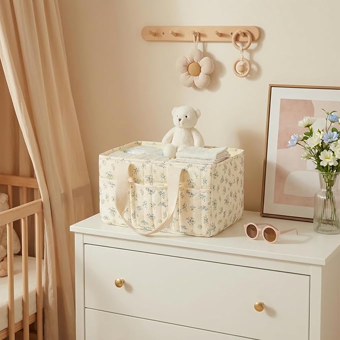 Baby Diaper Caddy Organizer with Portable Changing Mat-Portable Baby Organizers and Storage, Gift for Baby Shower, Baby Essentials Organizer with Removable Dividers (Blue Floral)