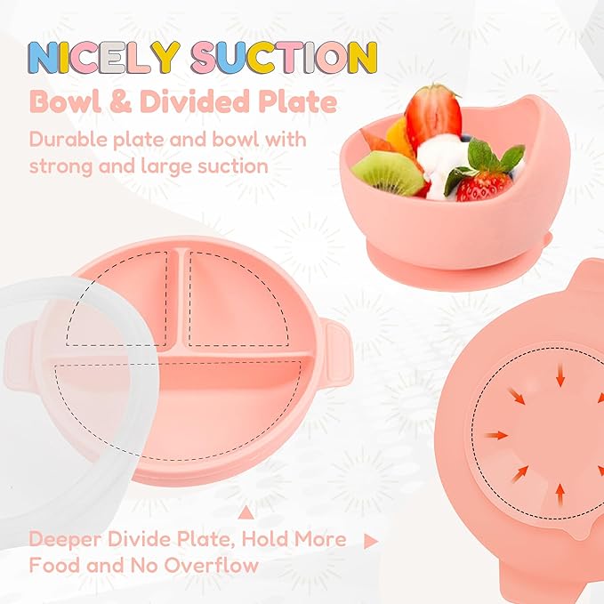 Joline Designs Silicone Baby Feeding Set - Perfect silicone plates for baby & Toddler Plates with lid, Baby Bowls with Suction, Baby Utensils - Baby Led Weaning Supplies & Eating Essentials - (Peach)