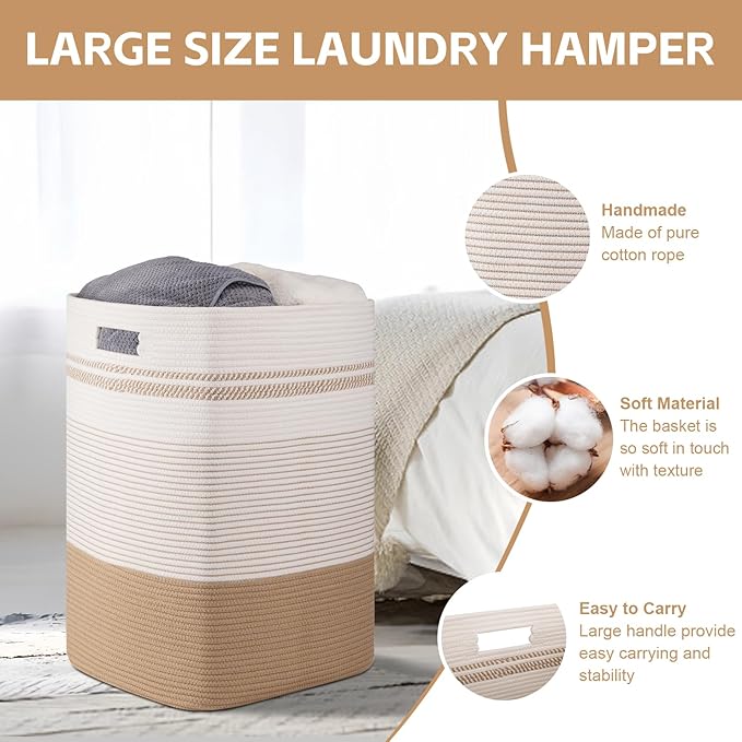 Laundry Basket, Large Woven Rope Tall Laundry Basket with Handles, Decorative Storage Basket for Clothes and Blankets in Living room, Bedroom