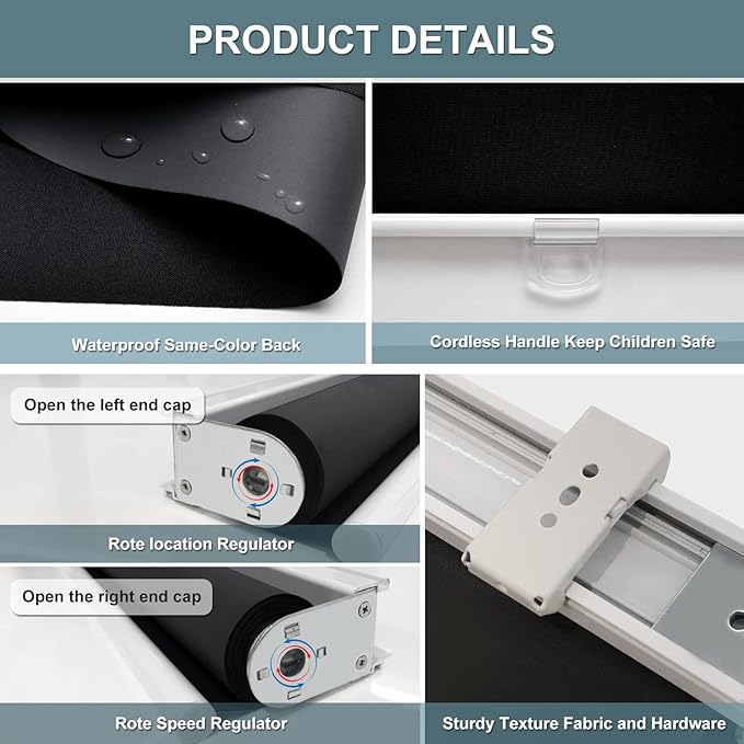 AOSKY Cordless Roller Shades Blackout Blinds for Windows Room Darkening Rolled Up Shades with Spring System, UV Protection Window Shades Door Blinds for Home and Office (34" W x 72" H, Black)