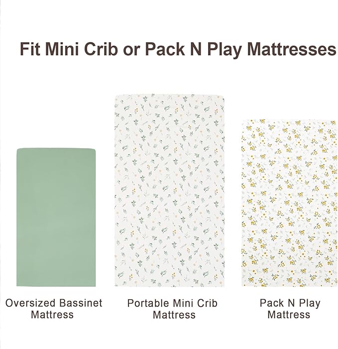 david's kids 3 Pack Mini Crib Sheets, Soft Breathable Premium Pack N Play Sheets for Baby Boys Girls Neutral, Playard and Mini Crib Mattresses, Leaf & Floral