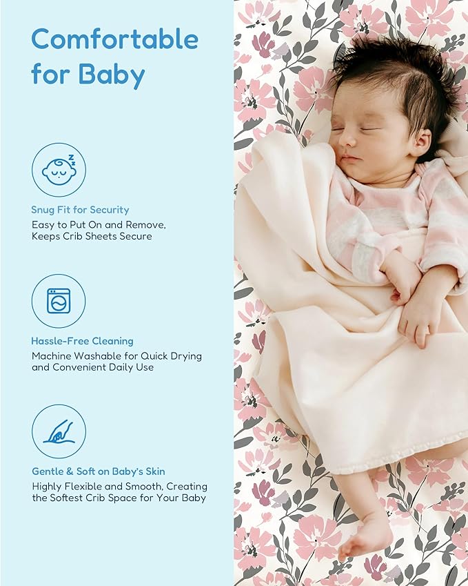 Baby Crib Sheets Boy Girl for Standard Crib Mattress - Flower&Pink Checkered Crib Sheet, Soft Jersey Knit, Breathable and Cozy, Fits 28''x52''x9'' Extra Deep Pocket