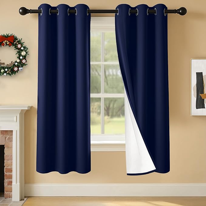 100% Blackout Curtains 63 Inch Length for Bedroom Living Room, Grommet Thermal Insulated Room Darkening Drapes, Light Blocking Window Treatment Decor, 2 Panels, 37x63, Navy Blue