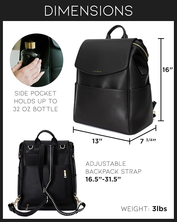 MIA + SOPHIA Leather Diaper Bag Backpack with USB Charging port, Changing Pad, Stroller Straps (Black Olivia)